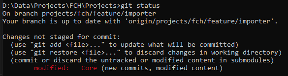 Git status showing submodule changes